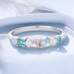 Rainbow Gemstone S925 Silver Ring with Symmetrical Design. New.